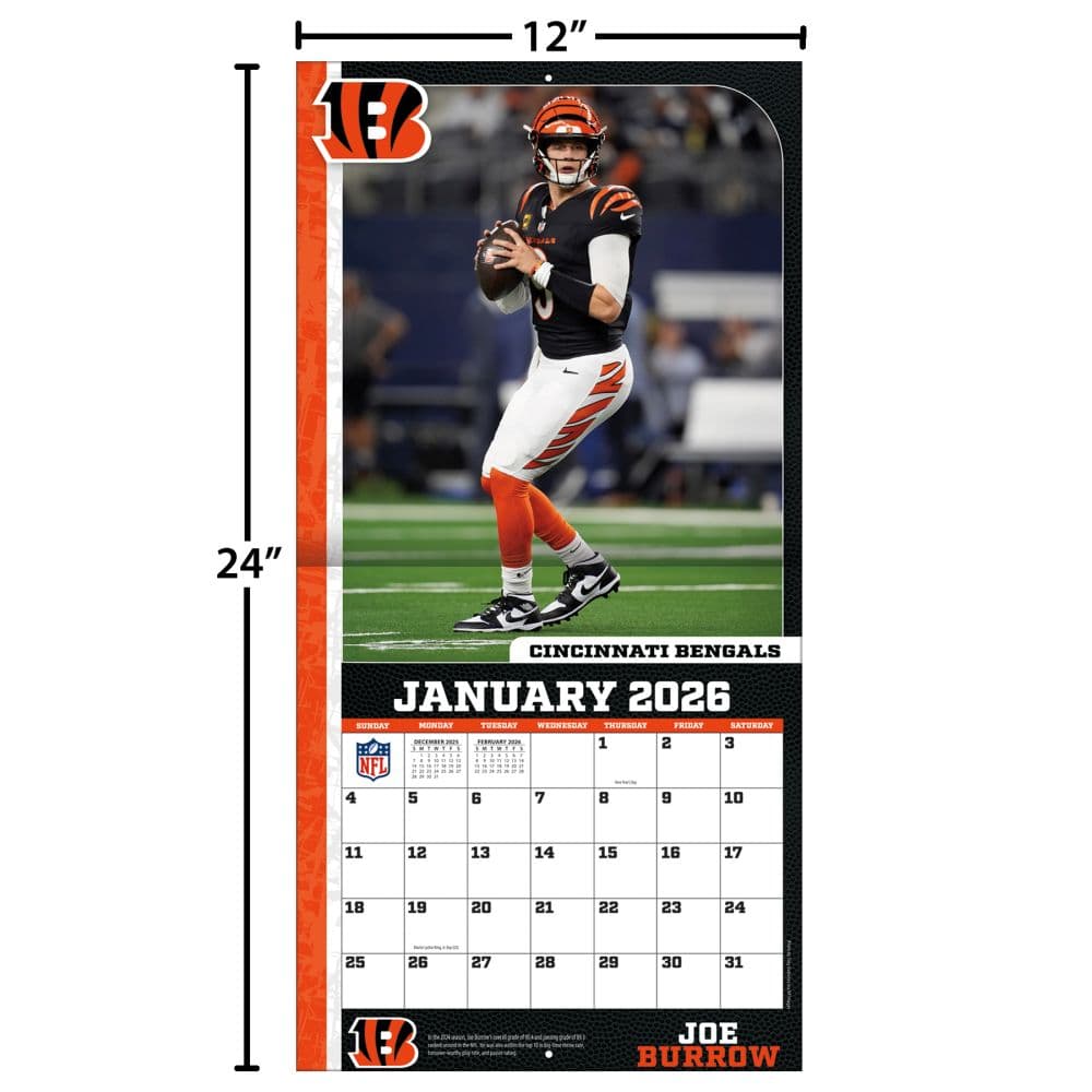 NFL Cincinnati Bengals Joe Burrows 2026 Wall Calendar Fourth Alternate Image