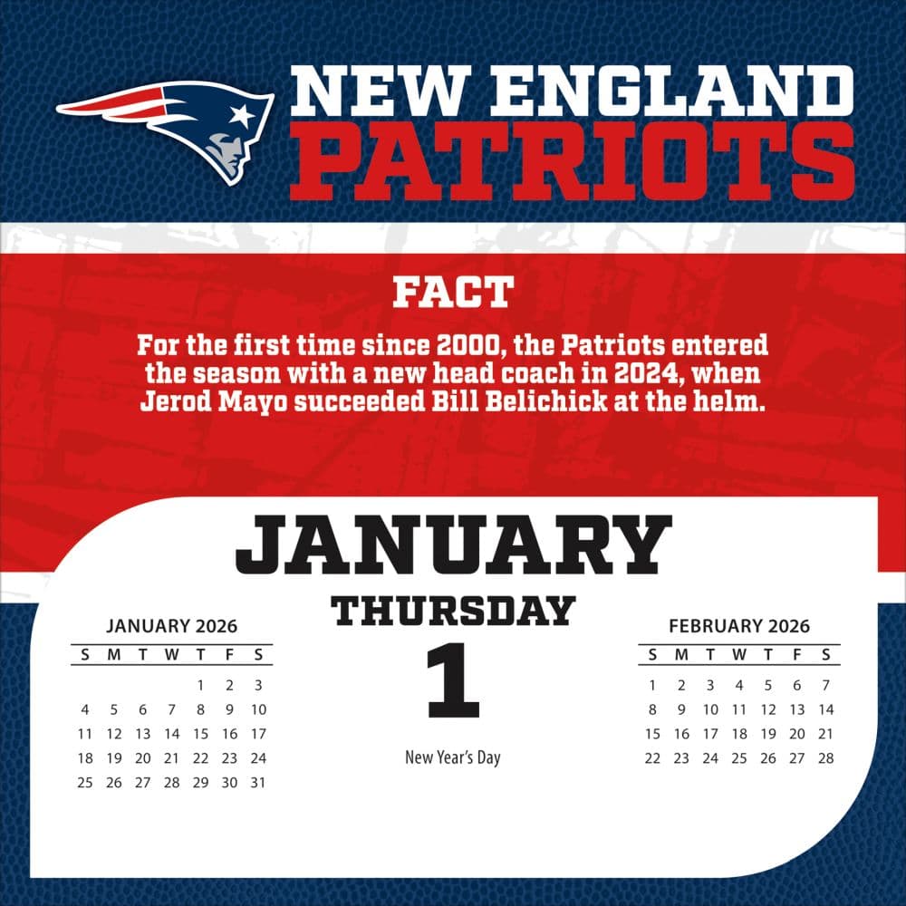 NFL New England Patriots 2026 Desk Calendar, 5.38'' X 5.38'', 12-Month Calendar with Adhesive Binding