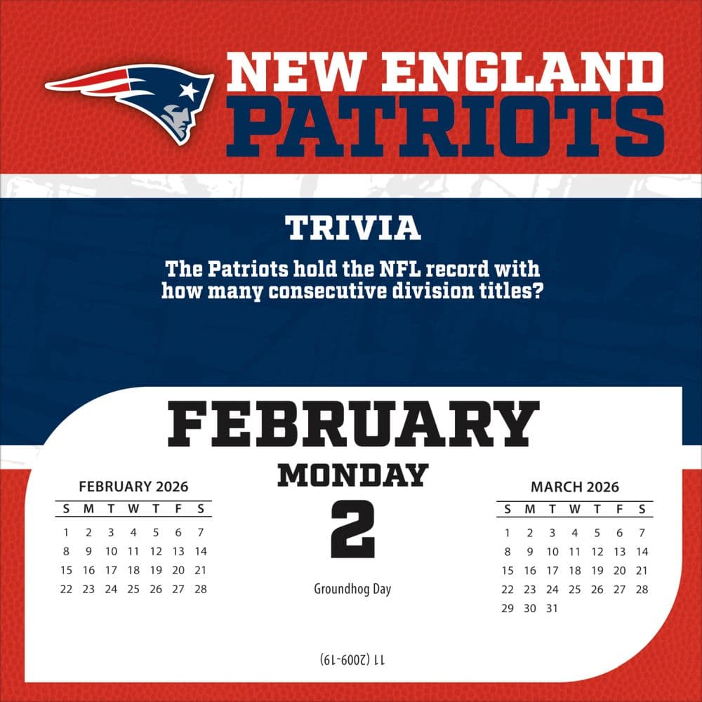 NFL New England Patriots 2026 Desk Calendar, 5.38'' X 5.38'', 12-Month Calendar with Adhesive Binding