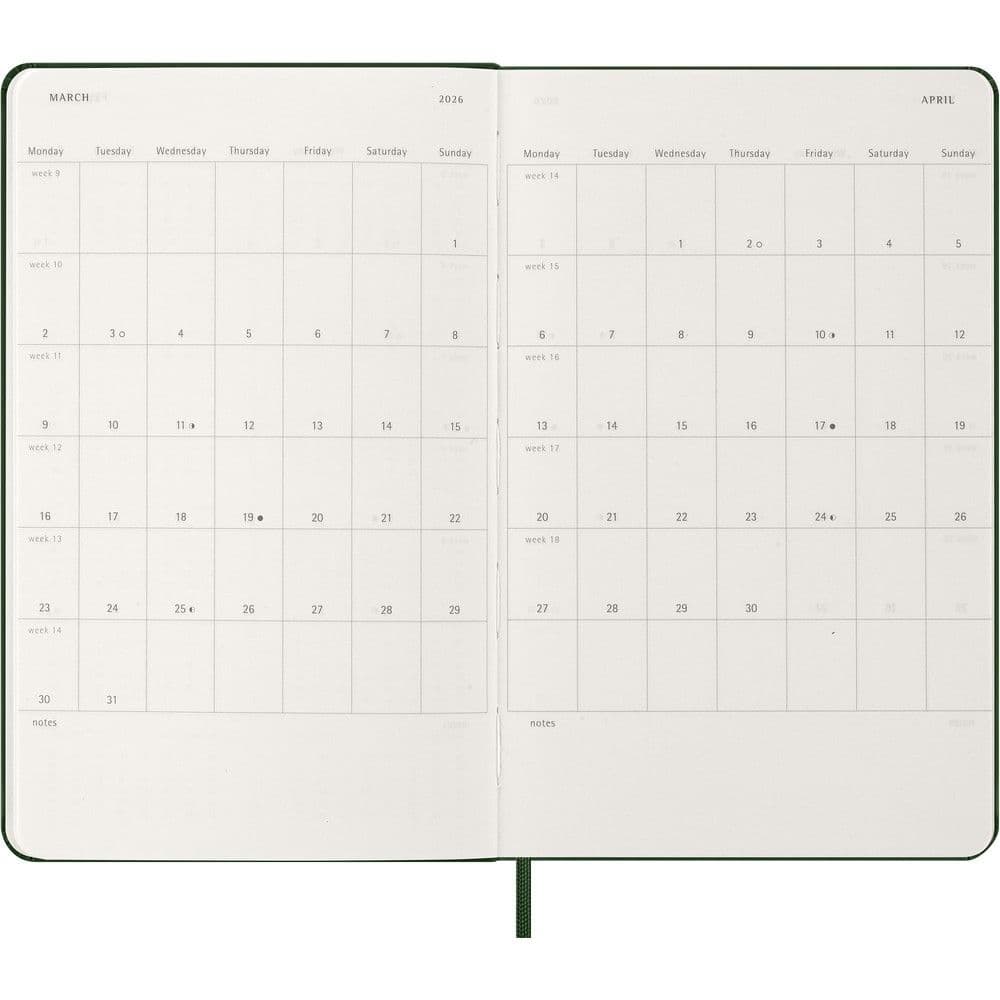 Moleskine Large Hard Cover Myrtle Green 12 Month 2026 Daily Planner Fifth Alternate Image