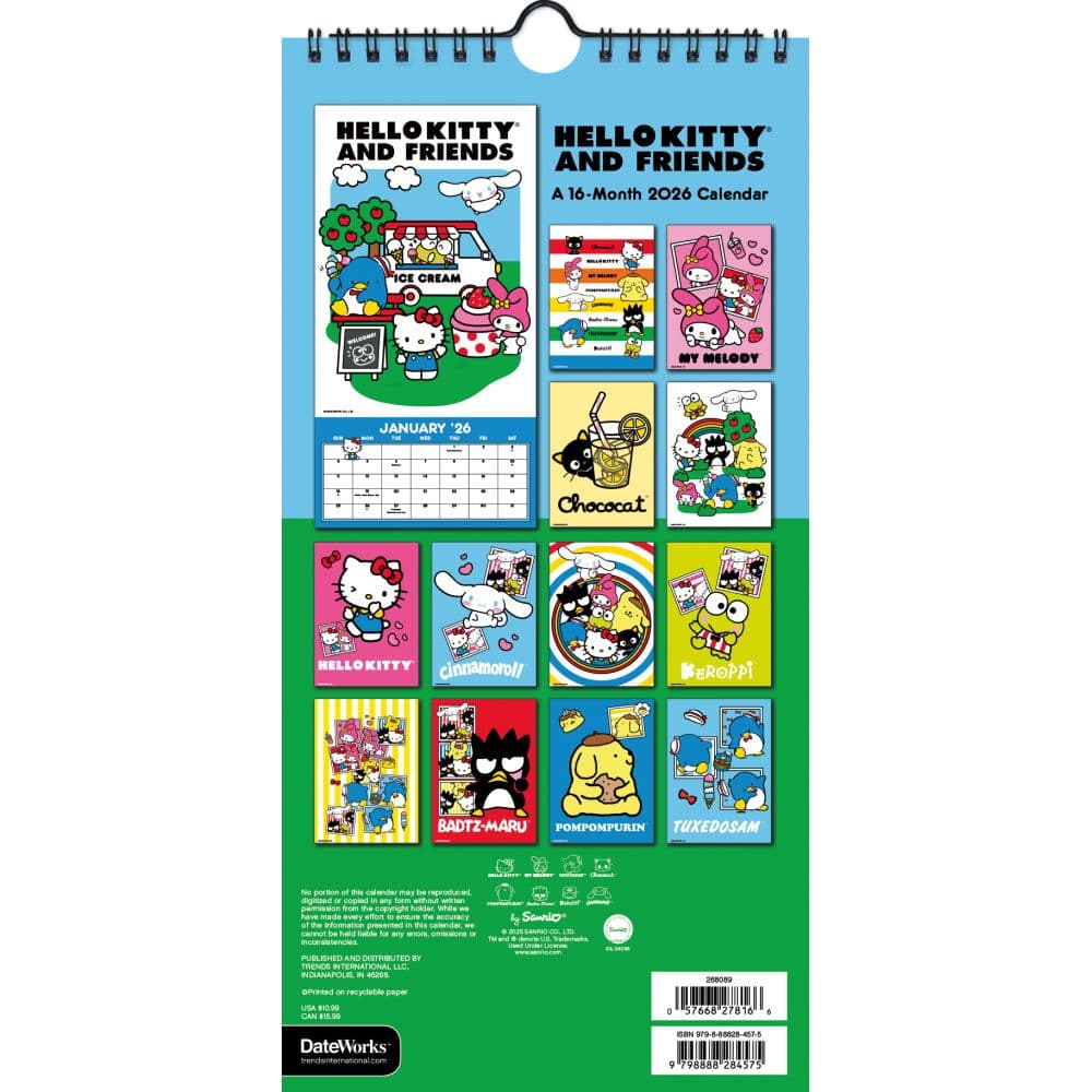 Hello Kitty and Friends 2026 Vertical Wall Calendar, 7'' X 7'', 16-Month Calendar with Stapled Binding