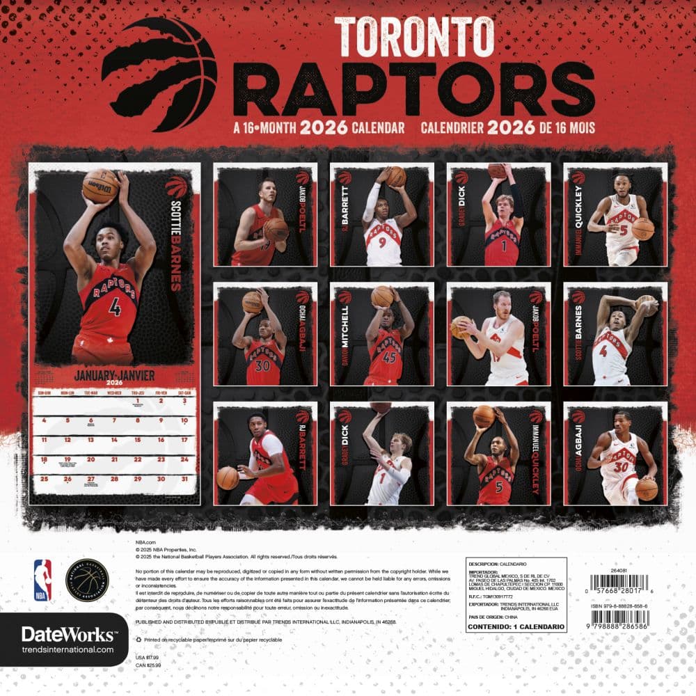 NBA Toronto Raptors 2026 Wall Calendar First Alternate Image