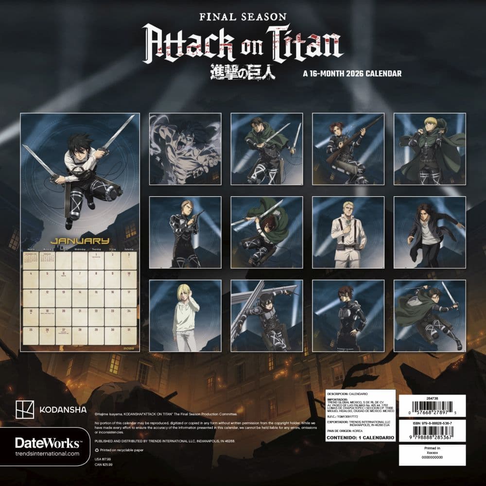 Attack on Titan 2026 Wall Calendar First Alternate Image