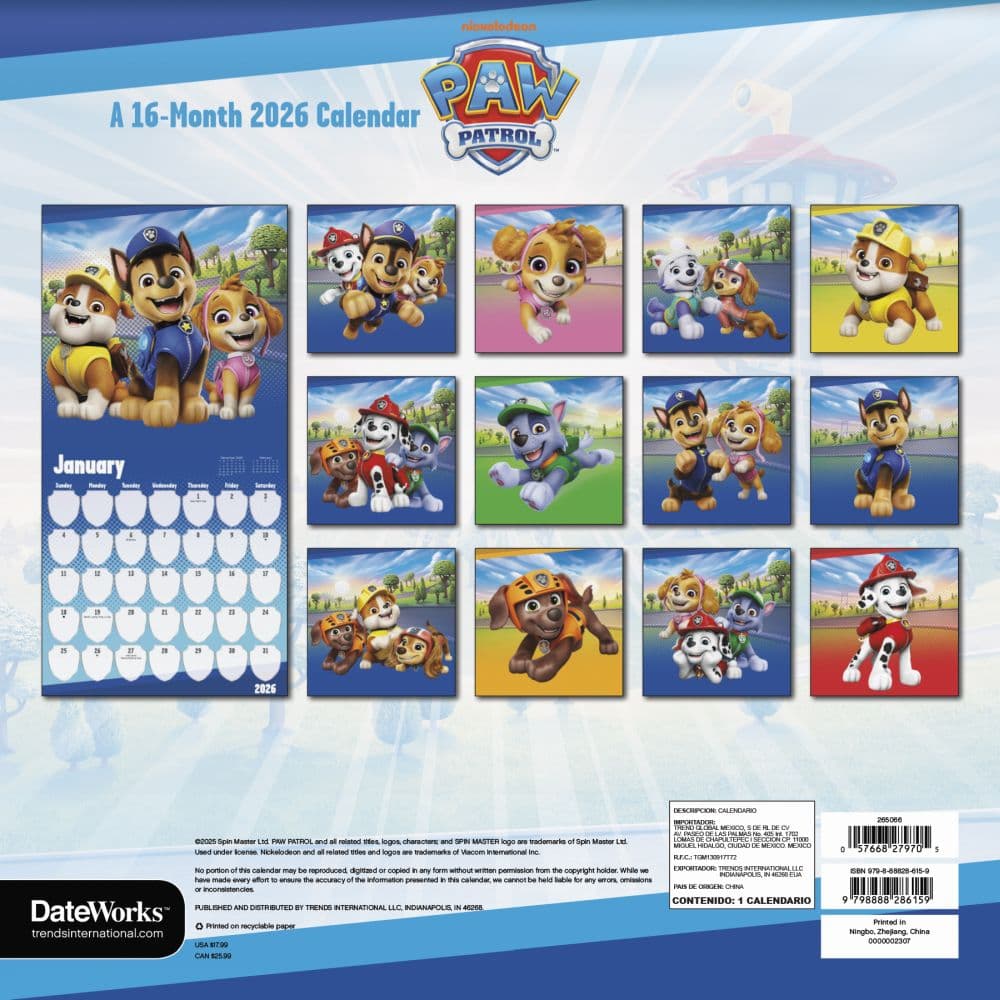 Paw Patrol 2026 Wall Calendar First Alternate Image