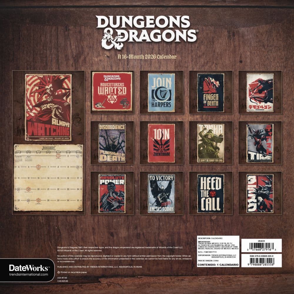 Dungeons and Dragons Classic 2026 Wall Calendar First Alternate Image