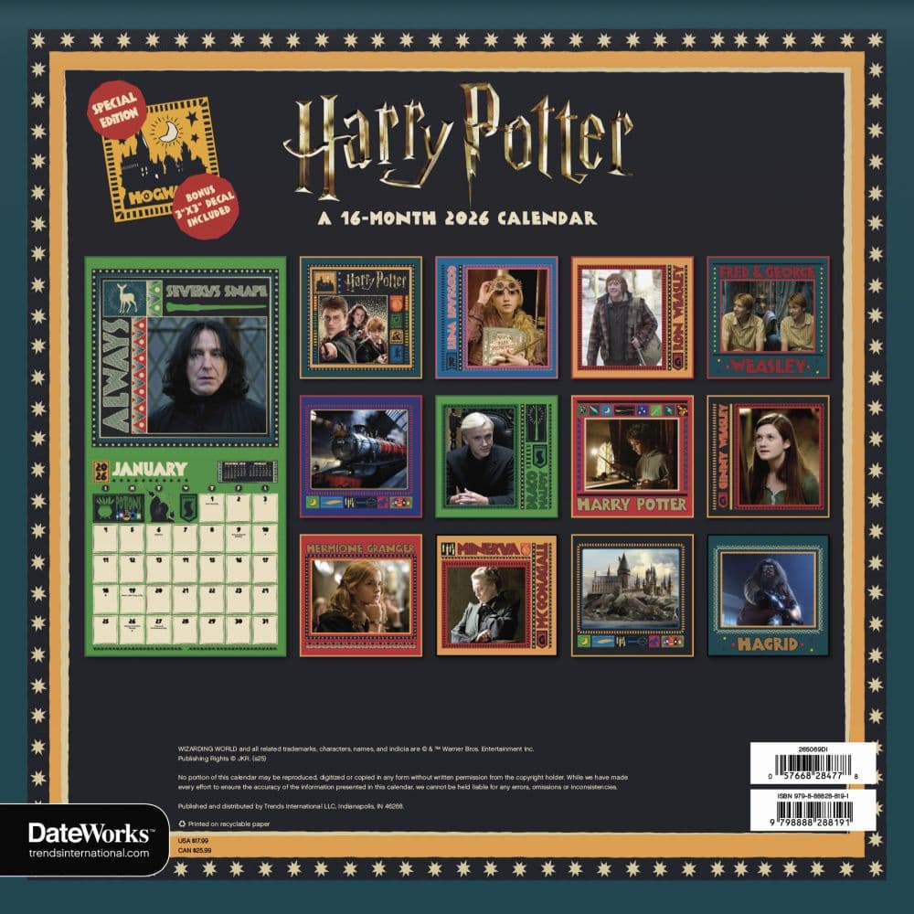 Harry Potter Exclusive with Decal 2026 Wall Calendar, 12'' X 12'', 16-Month Calendar with Stapled Binding
