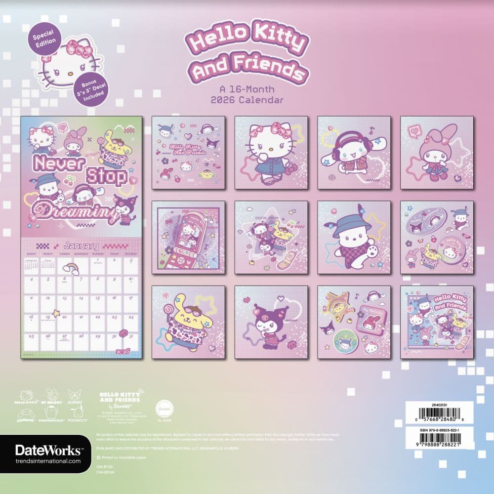 Hello Kitty and Friends Exclusive with Decal 2026 Wall Calendar, 12'' X 12'', 16-Month Calendar with Stapled Binding