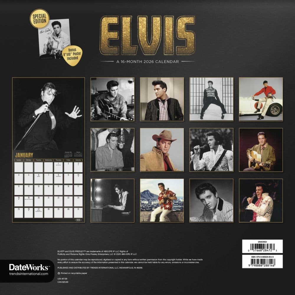 Elvis Exclusive with Bonus Print 2026 Wall Calendar, 12'' X 12'', 16-Month Calendar with Stapled Binding