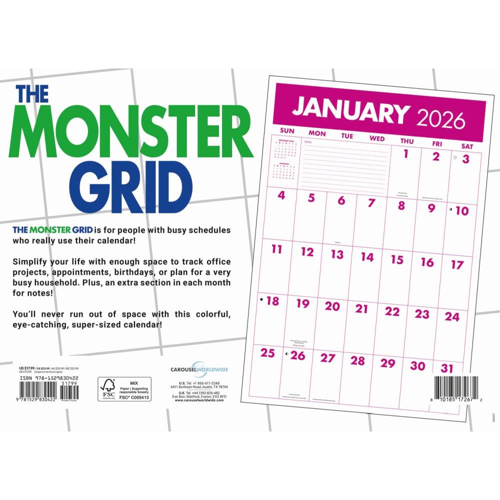 Monster Grid 2026 Wall Calendar, 12.01'' X 16.54'', 16-Month Calendar with Stapled Binding