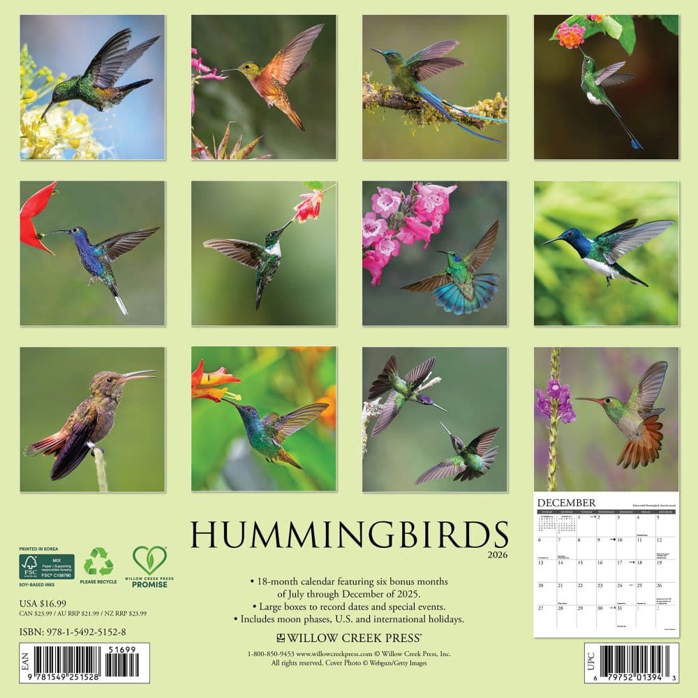 Hummingbirds 2026 Wall Calendar, 12'' X 12'', 18-Month Calendar with Stapled Binding