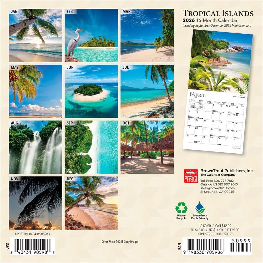 Tropical Islands 2026 Mini Wall Calendar, 7'' X 7'', 16-Month Calendar with Stapled Binding
