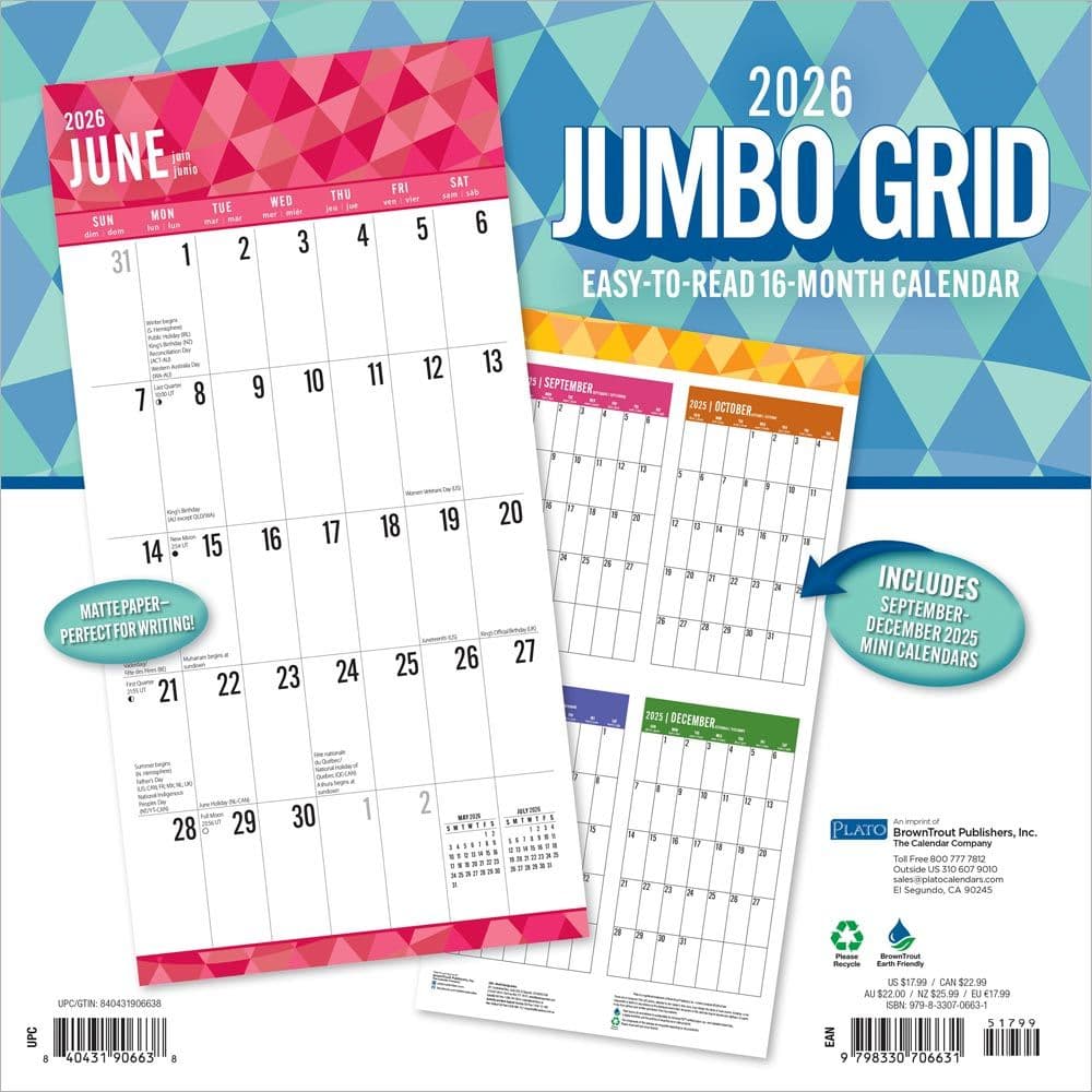 Jumbo Grid Large Print Plato 2026 Wall Calendar