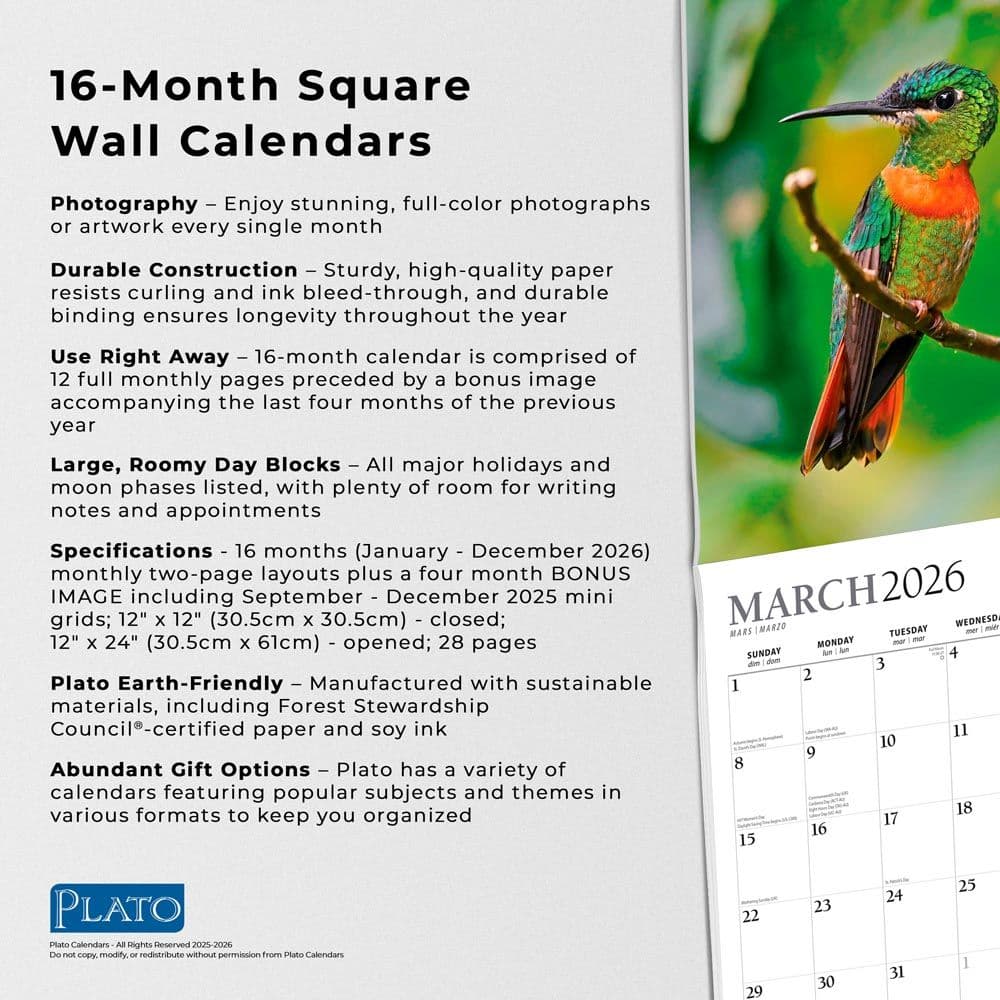 Hummingbirds Plato 2026 Wall Calendar Fifth Alternate Image