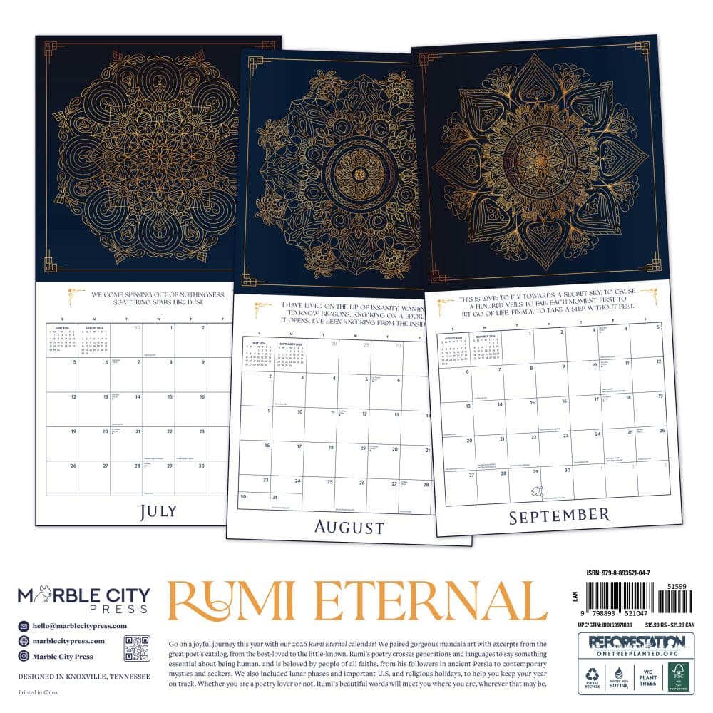 Rumi Eternal 2026 Wall Calendar, 12'' X 12'', 16-Month Calendar with Stapled Binding