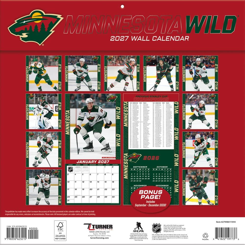 NHL Minnesota Wild 2027 Wall Calendar First Alternate Image