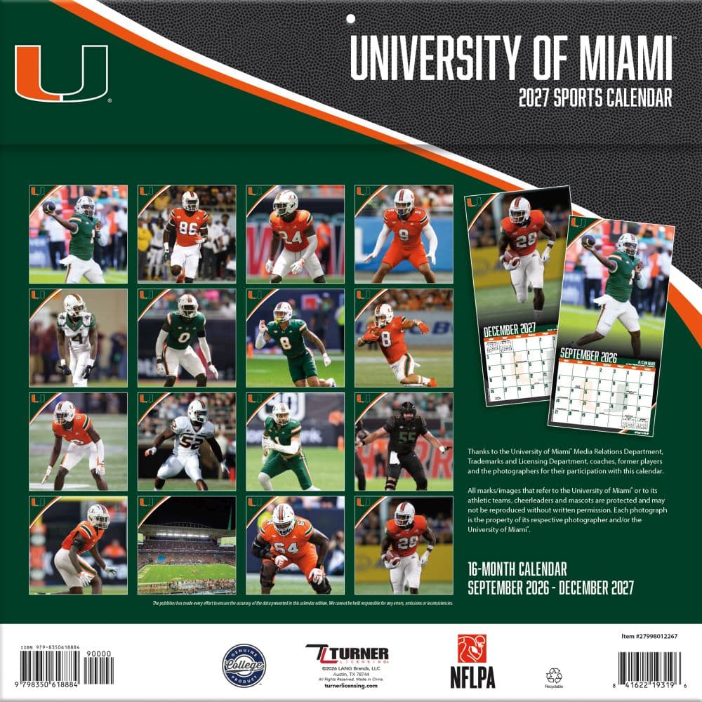Miami Hurricanes 2027 Wall Calendar First Alternate Image