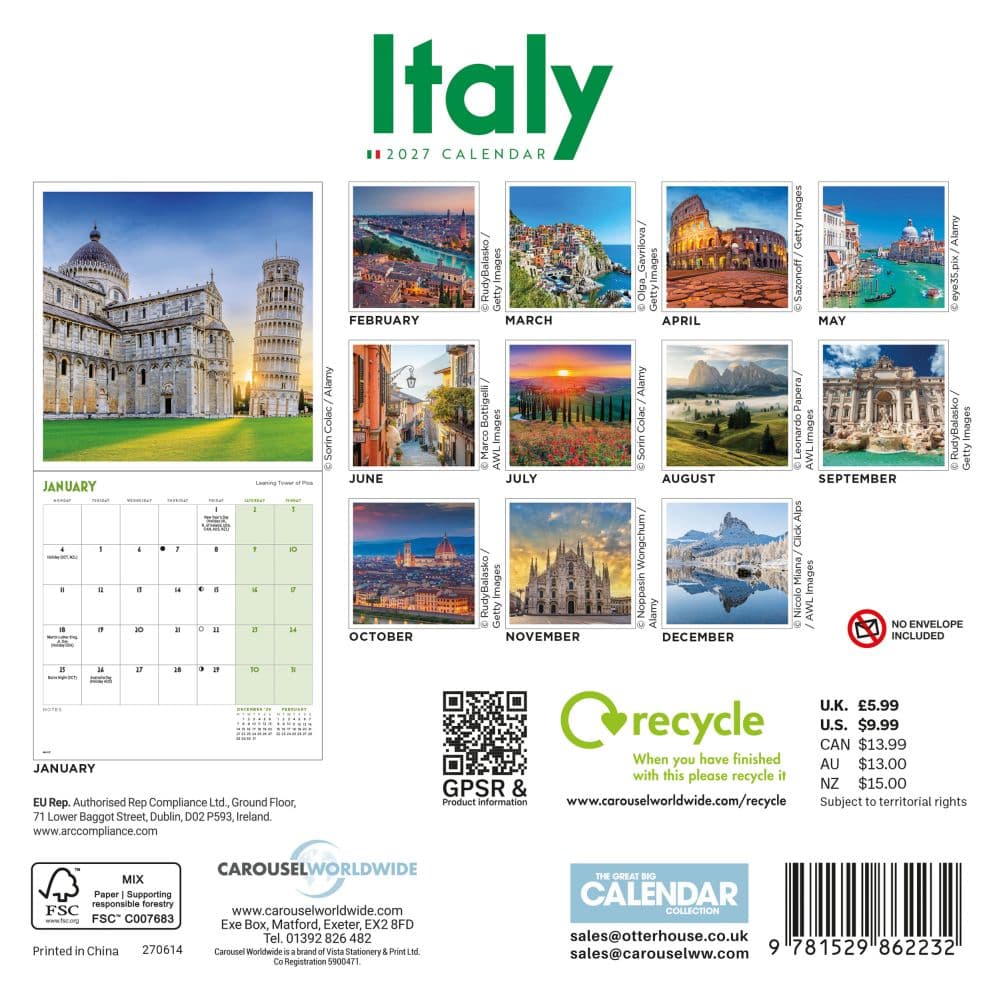 Italy 2027 Mini Wall Calendar First Alternate Image