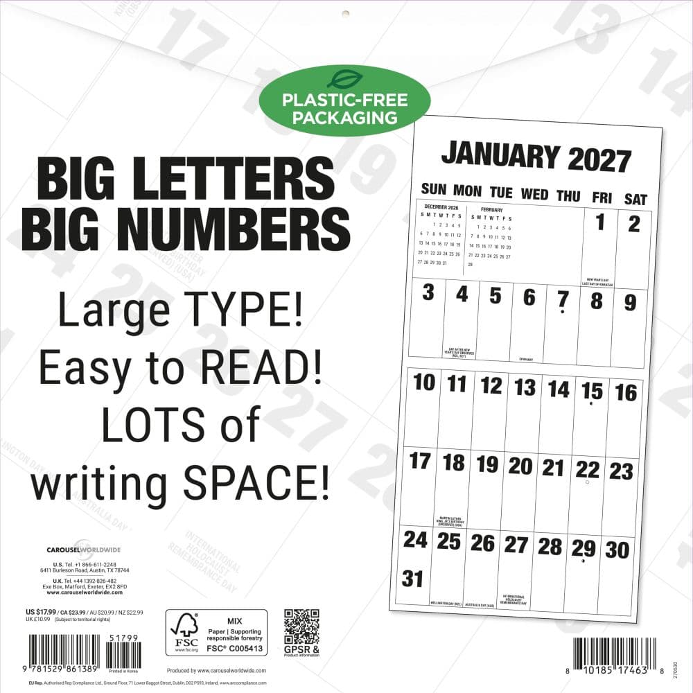 Big Letters Big Numbers 2027 Wall Calendar First Alternate Image
