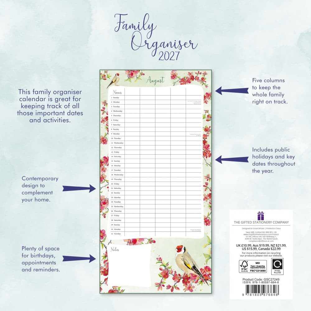 Family Organiser Birdsong 2027 Wall Calendar First Alternate Image