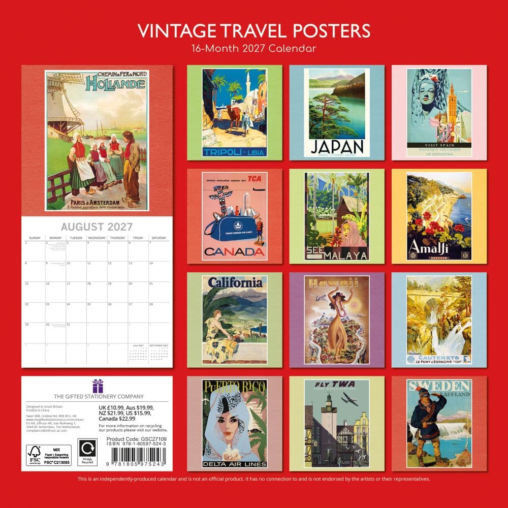 Vintage Travel Posters 2027 Wall Calendar First Alternate Image