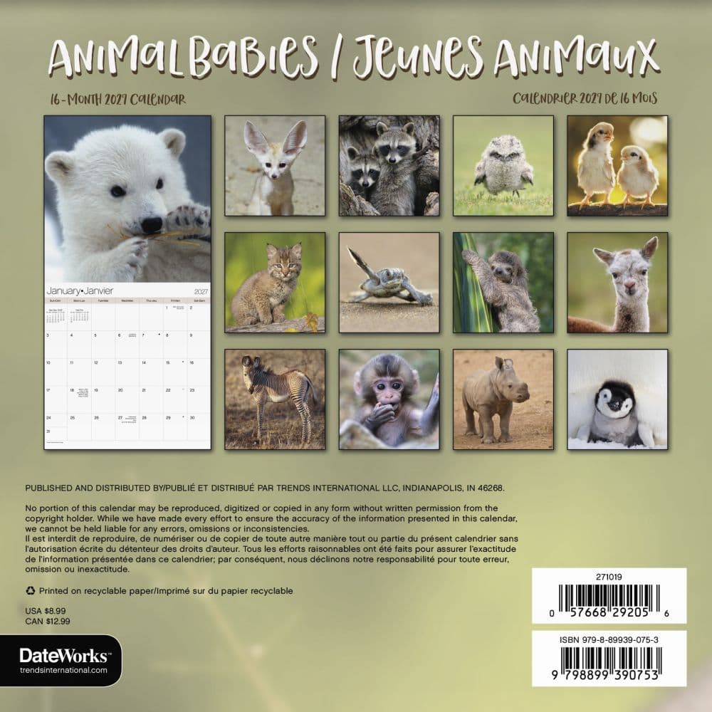 Animal Babies -Bilingual French- 2027 Mini Wall Calendar Third Alternate Image