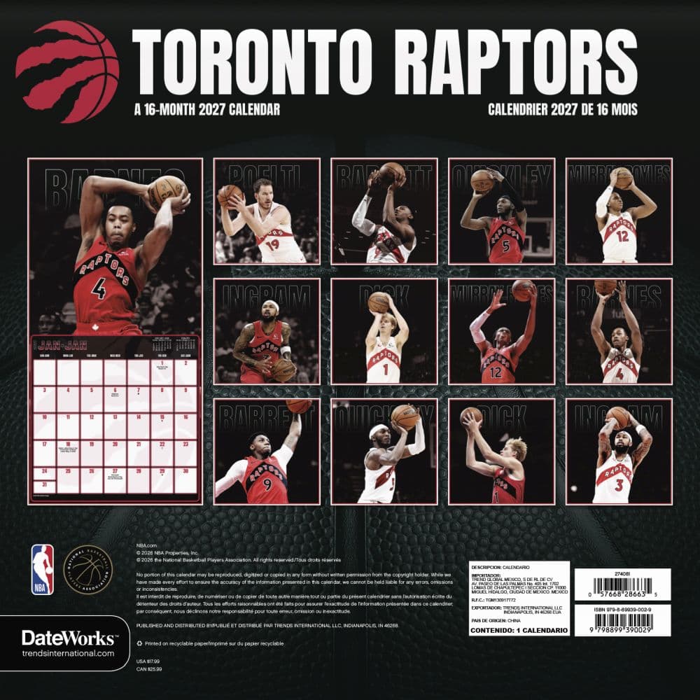 Toronto Raptors Bilingual French 2027 Wall Calendar Third Alternate Image