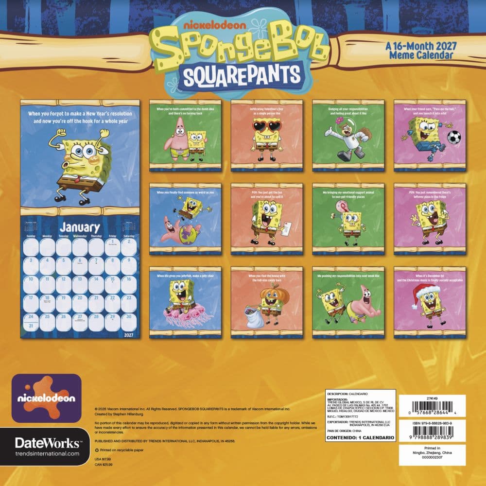 SpongeBob Squarepants 2027 Wall Calendar Third Alternate Image