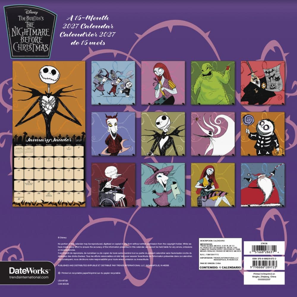 Nightmare Before Christmas Bilingual French 2027 Wall Calendar Third Alternate Image