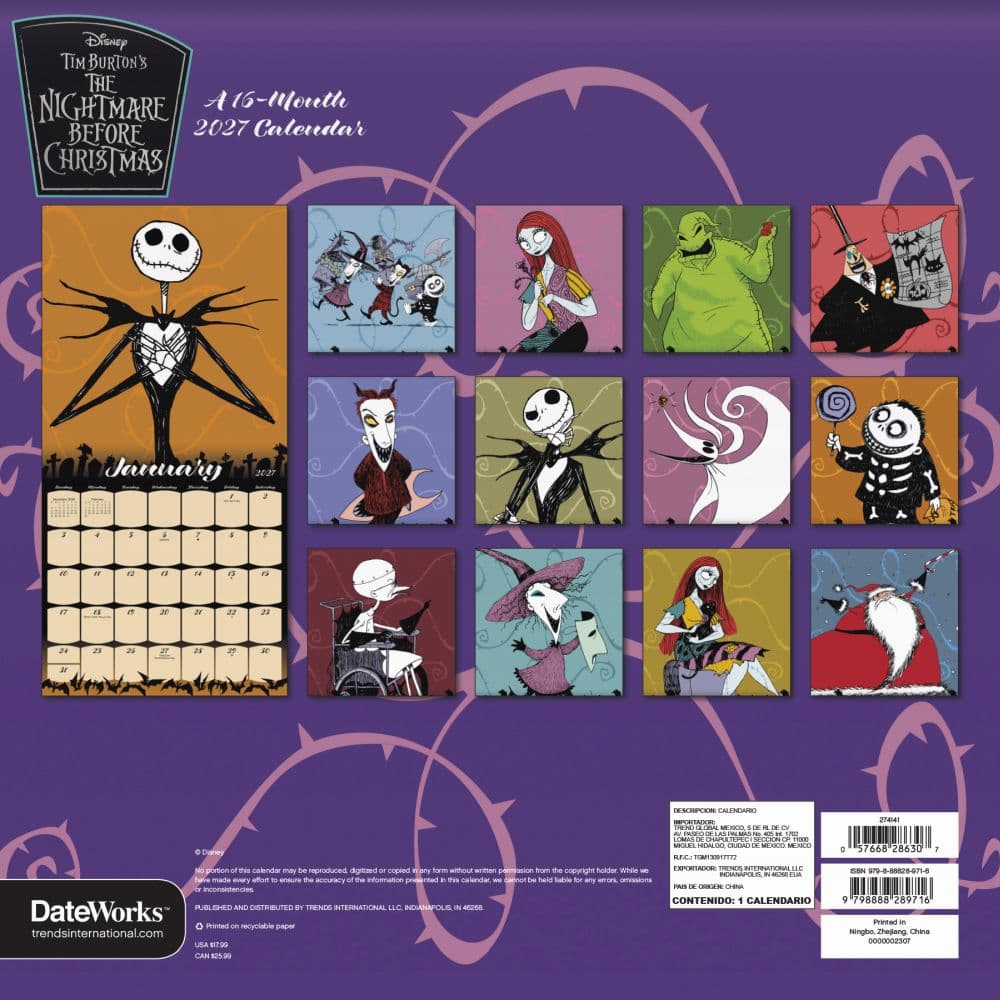 Nightmare Before Christmas 2027 Wall Calendar Third Alternate Image