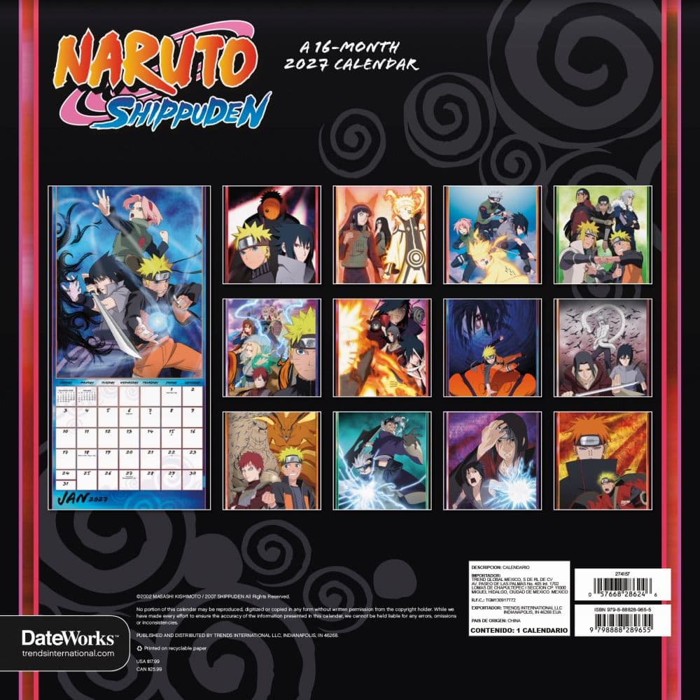 Naruto Shippuden 2027 Wall Calendar Third Alternate Image