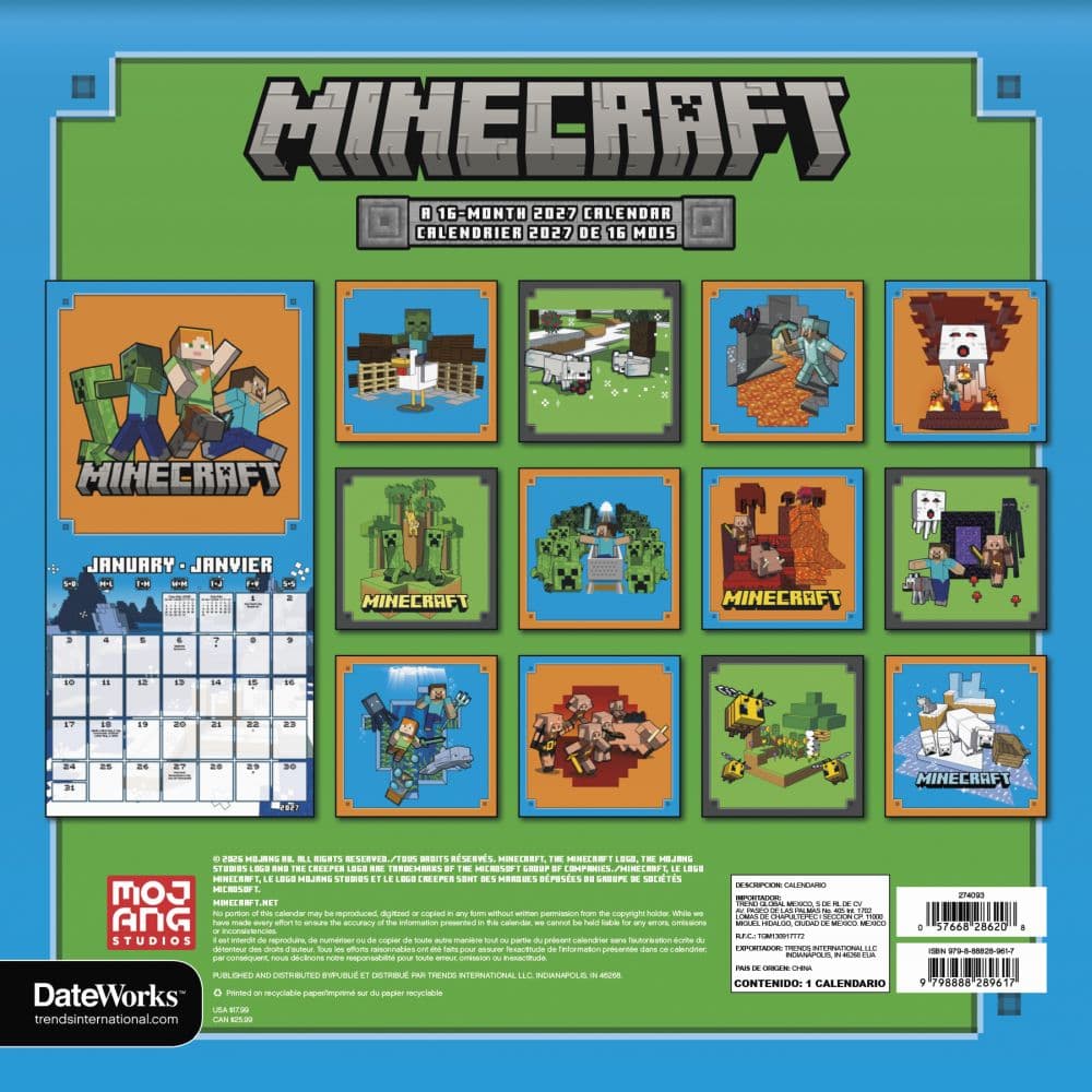 Minecraft Bilingual French 2027 Wall Calendar Third Alternate Image