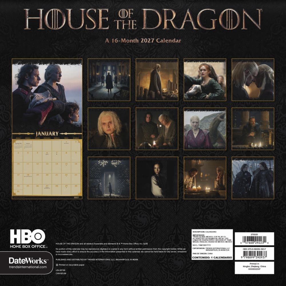 Game of Thrones House of the Dragon 2027 Wall Calendar Third Alternate Image