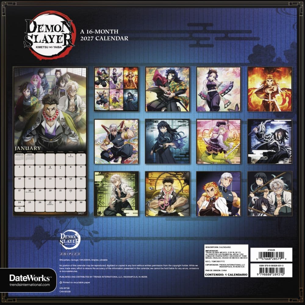Demon Slayer Kimetsu no Yaiba 2027 Wall Calendar Third Alternate Image
