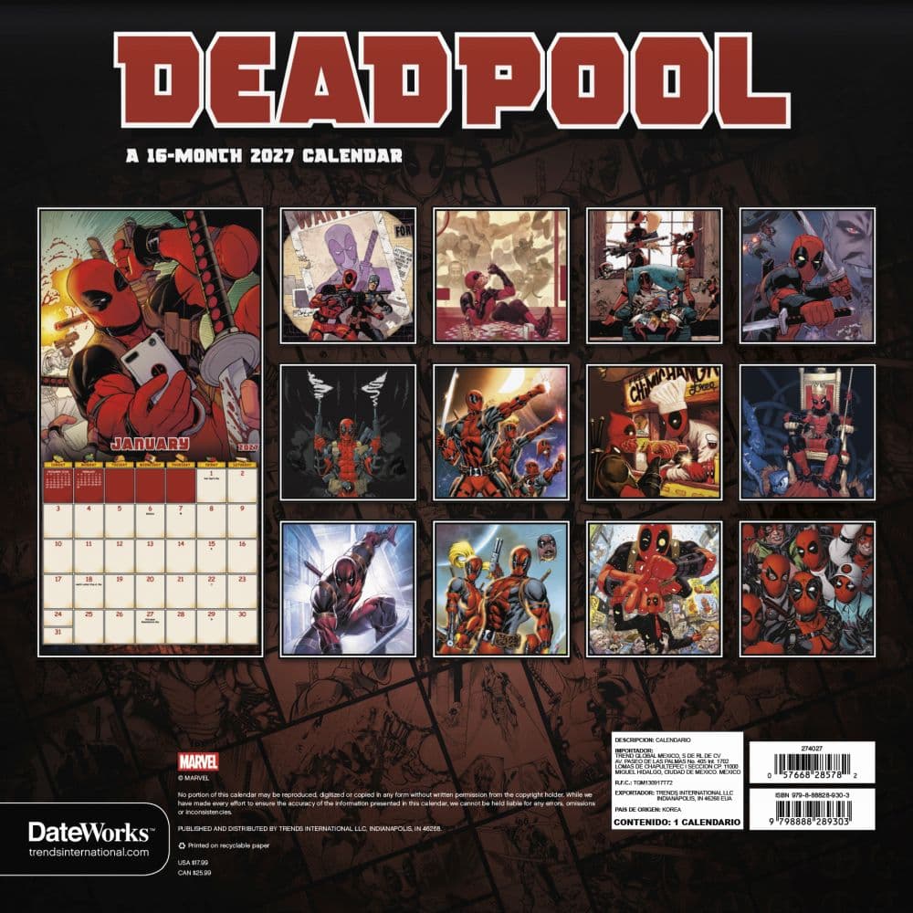 Deadpool 2027 Wall Calendar Third Alternate Image
