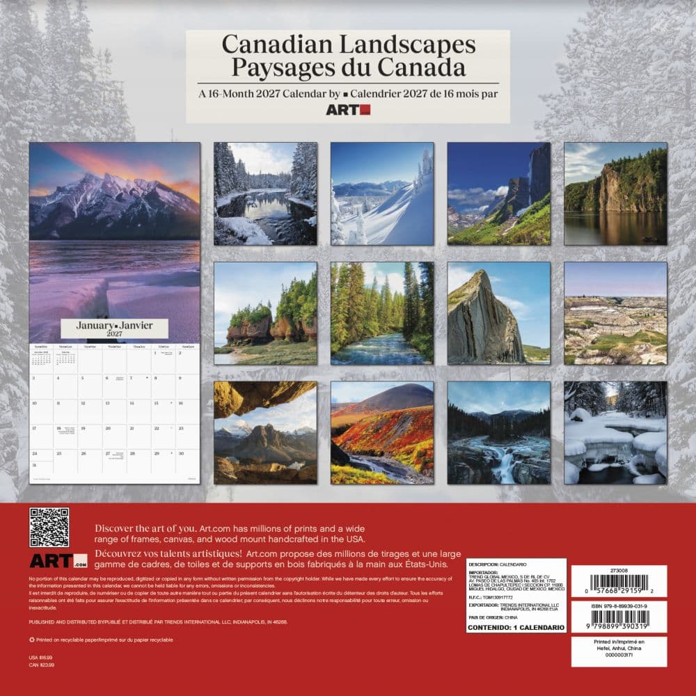 Canadian Landscapes Bilingual French 2027 Wall Calendar Third Alternate Image
