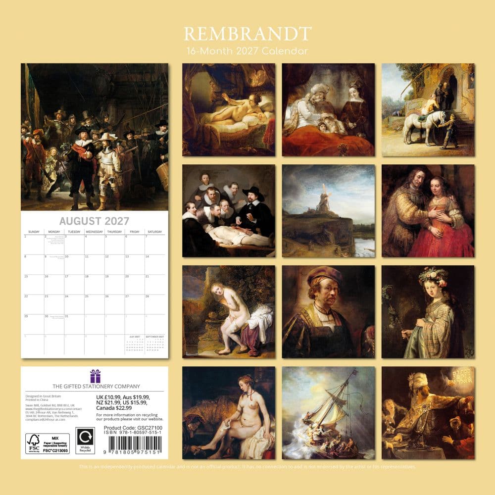 Rembrandt 2027 Wall Calendar First Alternate Image