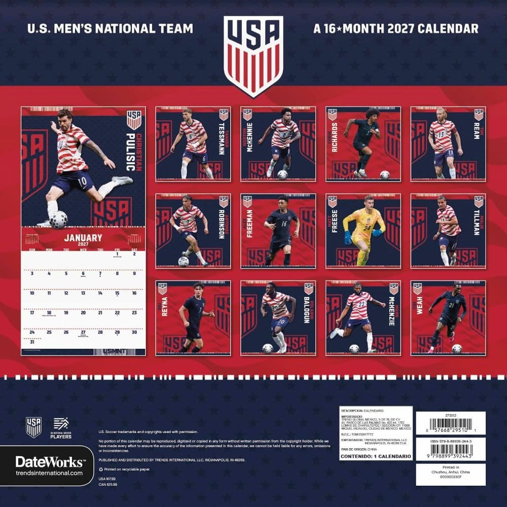 US Mens Soccer 2027 Wall Calendar First Alternate Image