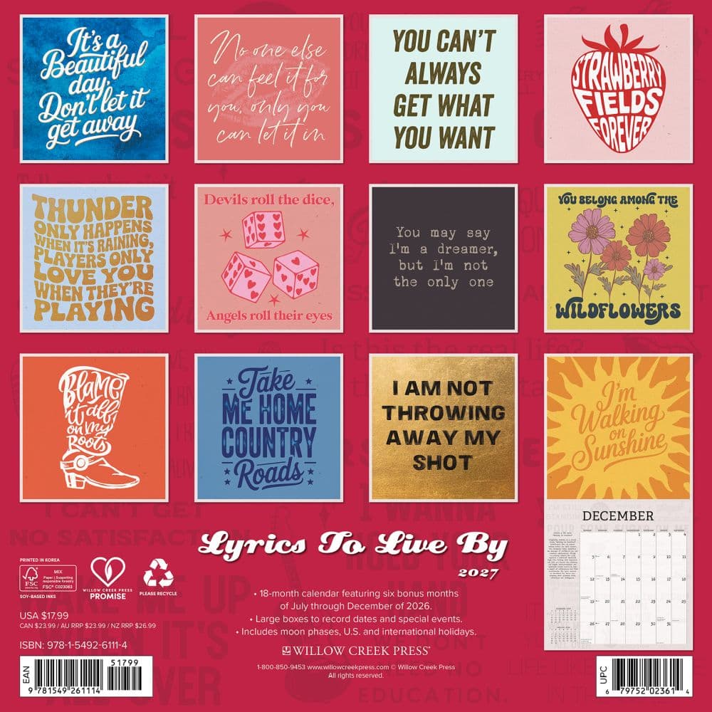 Lyrics to Live By 2027 Wall Calendar First Alternate Image