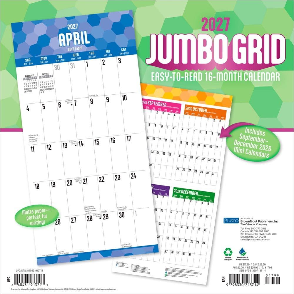 Jumbo Grid Large Print Plato 2027 Wall Calendar First Alternate Image