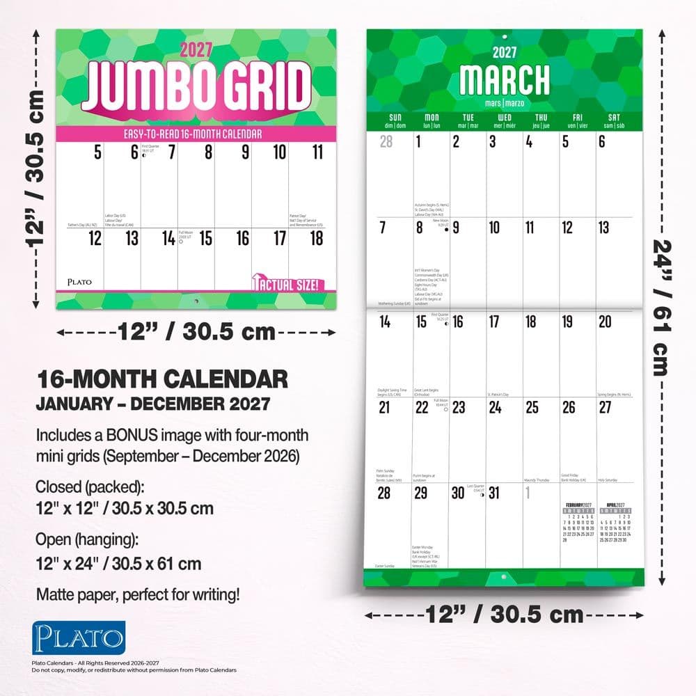 Jumbo Grid Large Print Plato 2027 Wall Calendar Sixth Alternate Image
