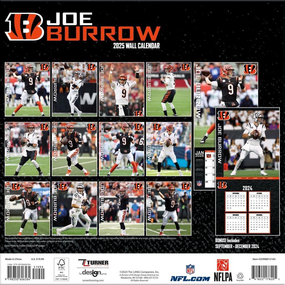 NFL Cincinnati Bengals Joe Burrow 2025 Wall Calendar First Alternate