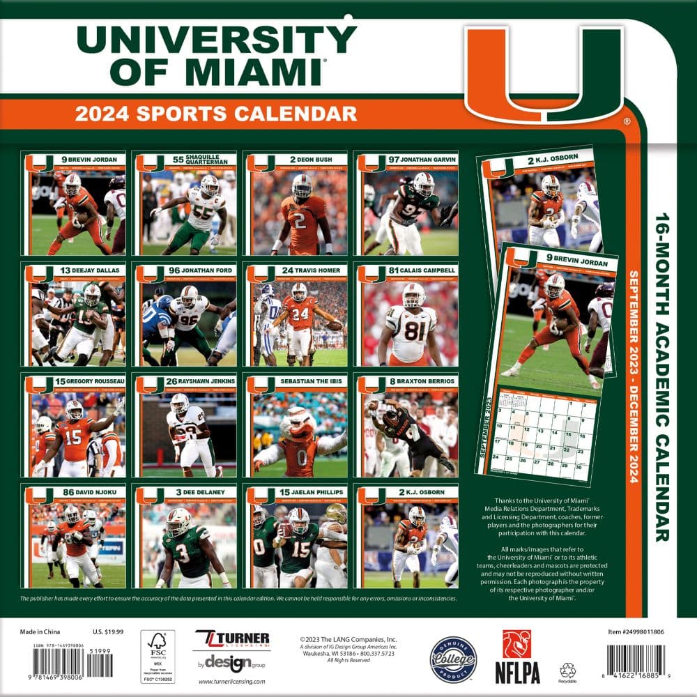 COL Miami Hurricanes 2024 Wall Calendar First Alternate Image width=&quot;1000&quot; height=&quot;1000&quot;