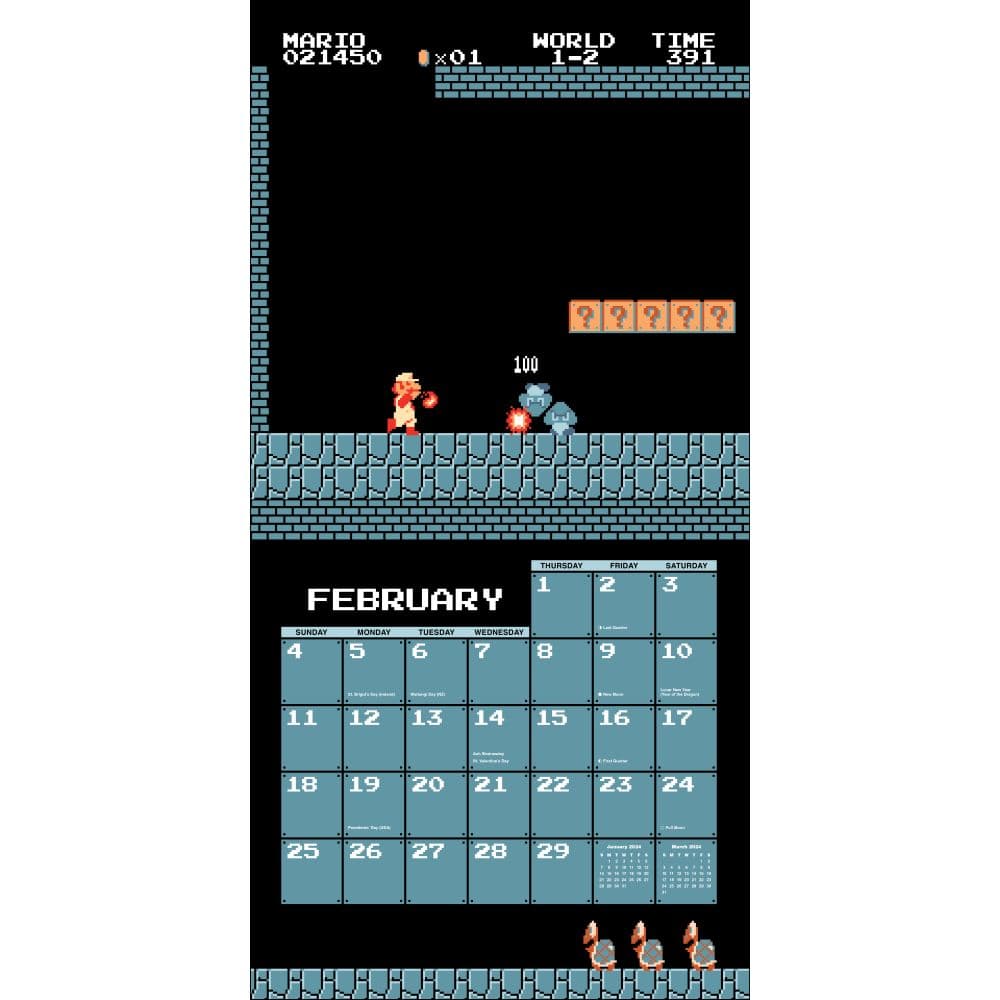 Super Mario Bros. 8-Bit Retro 2024 Wall Calendar February