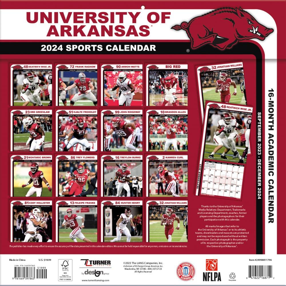 Arkansas Razorbacks 2024 Wall Calendar