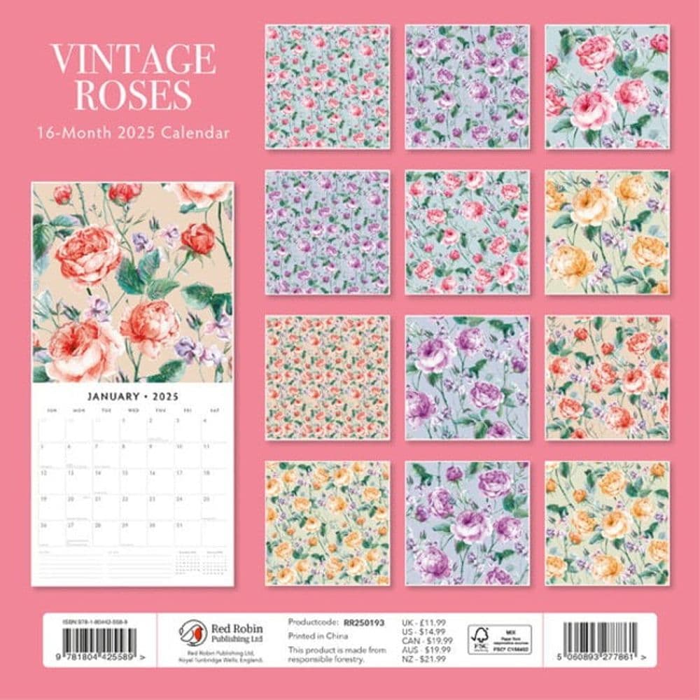 Vintage Roses 2025 Wall Calendar Alt1