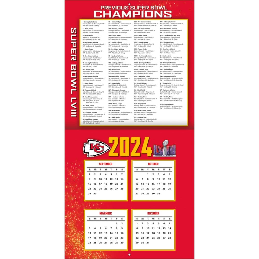 NFL Kansas City Chiefs 2025 Wall Calendar bonus