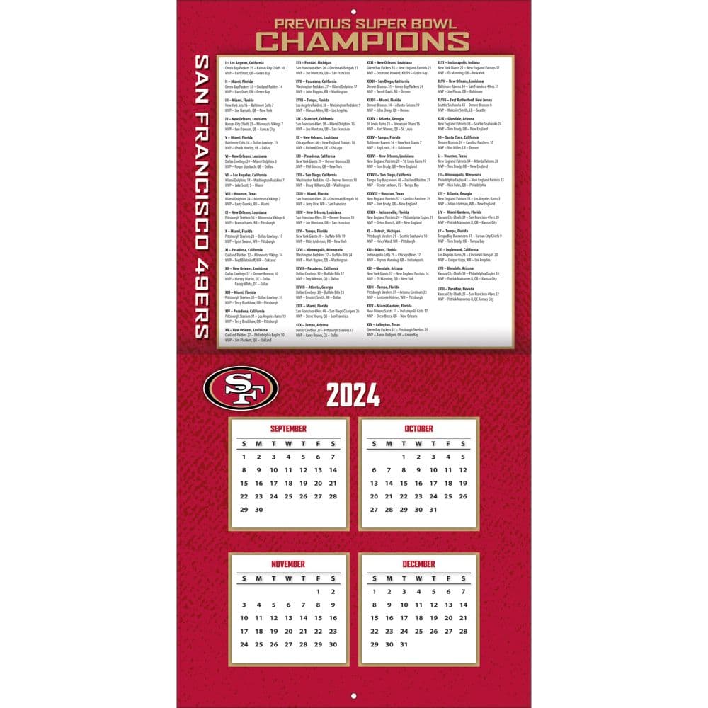 NFL San Francisco 49ers 2025 Wall Calendar bonus grid