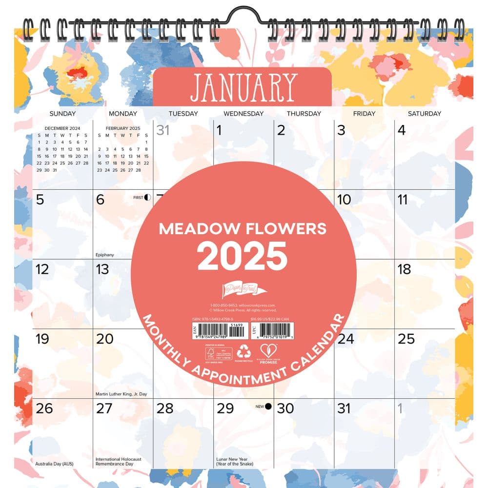 Meadow Flowers Spiral Art 2025 Wall Calendar