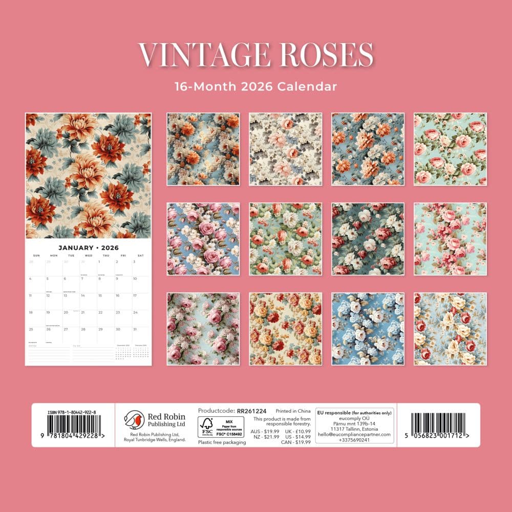 Vintage Roses 2026 Wall Calendar First Alternate Image
