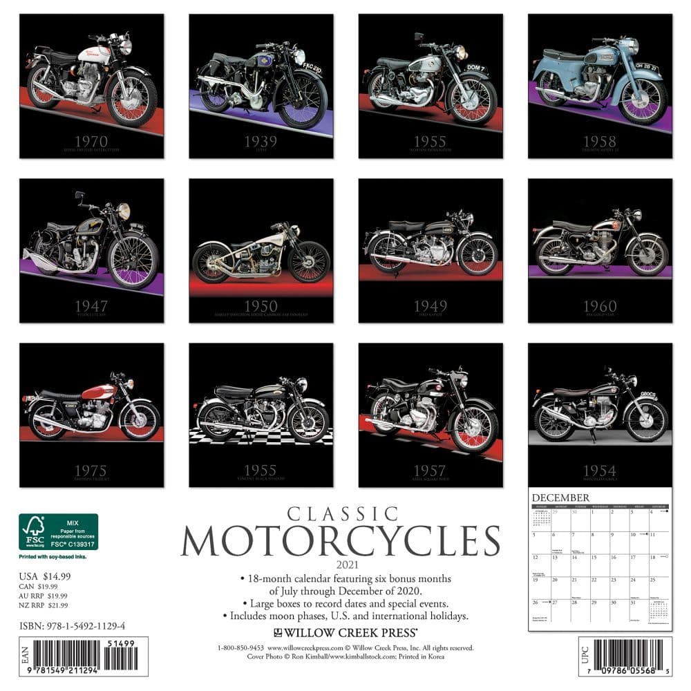 Includes 180 Reminder Stickers 16-Month Scooters Calendar 2020 Wall Calendar with Vintage and Retro Bikes 12 x 12 Inch Monthly View